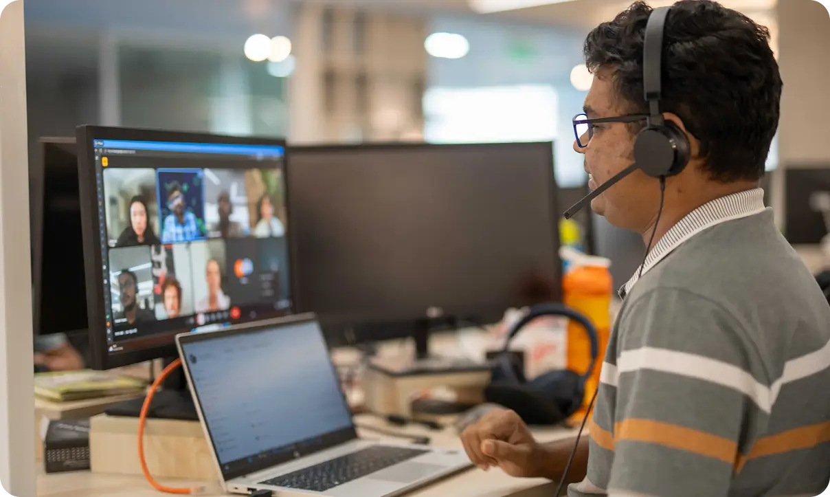 Team on a video call reviewing a storefront
