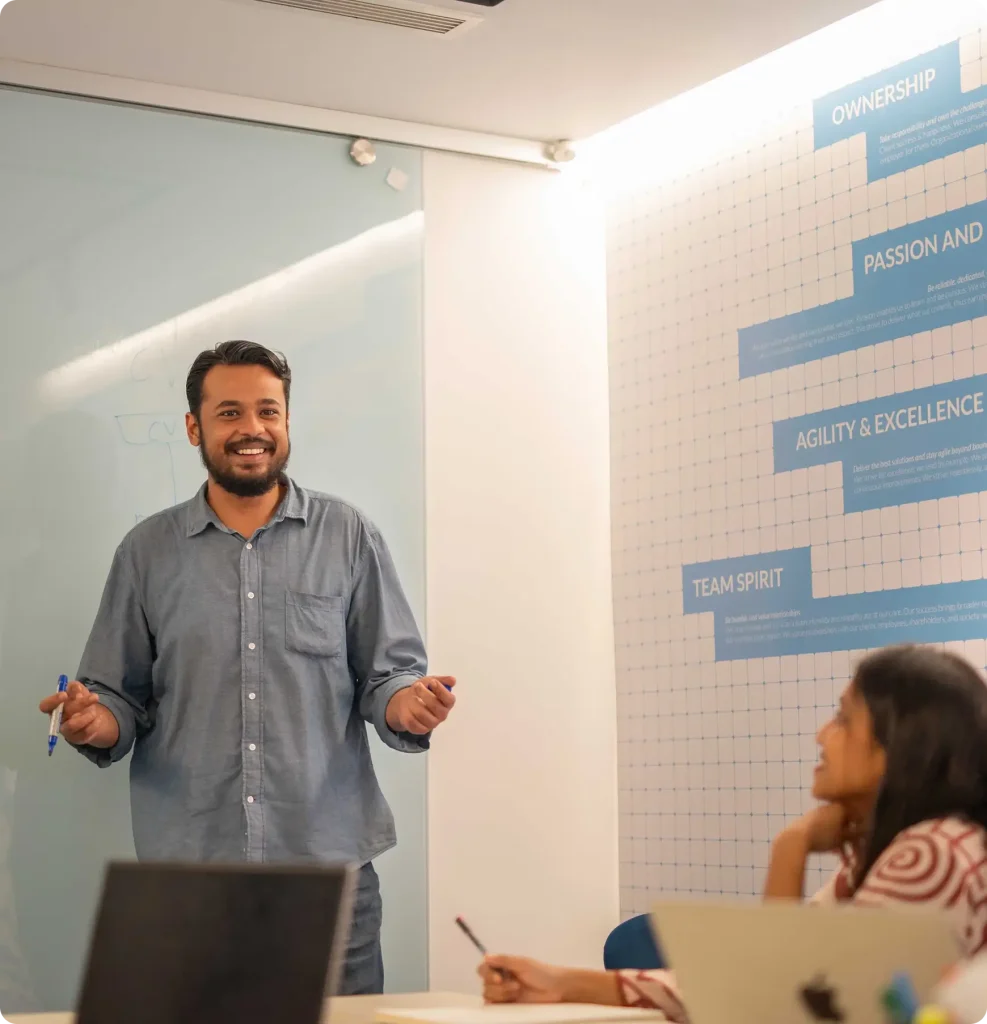 A lead presenting the studio's values to the team